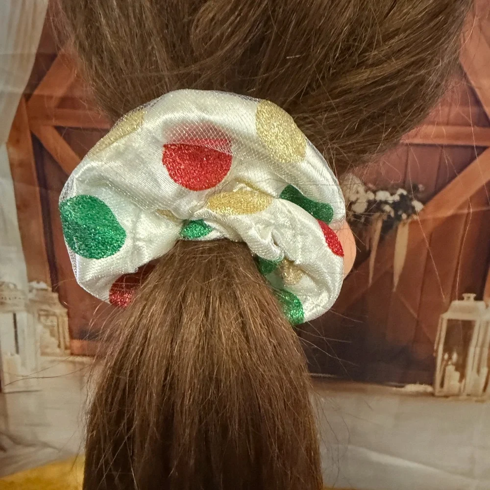 Festive Polka Dot Satin Scrunchie for Kids - White with Red & Green Dots